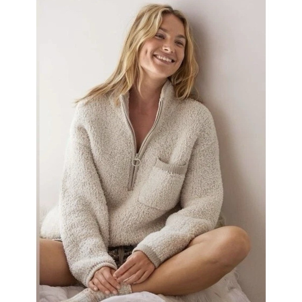 Aerie Sherpa Boucle Quarter Zip Pullover Sweater Cream Oatmeal Oversized Size XL